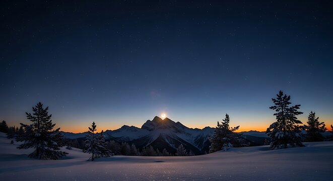Winter night landscape with a full moon rising majestically over snow-capped mountains and scattered fir trees under a starry twilight sky.