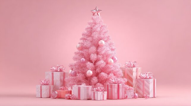 pink christmas tree with star decoration and pastel gift boxes on a soft pink background