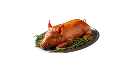 Roasted suckling pig on silver platter isolated on transparent background