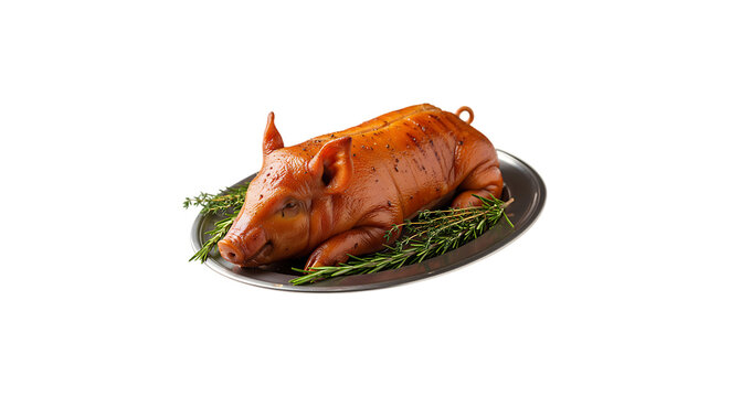 Roasted suckling pig on silver platter isolated on transparent background