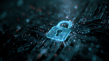 A digital padlock symbolizing data security in a futuristic cyber environment with circuit patterns.