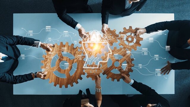 A dynamic business team engages in innovative collaboration using gears and digital technology to generate creative solutions in a modern workspace. Raster - Powered by Adobe