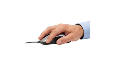 Hand holding a computer mouse for clicking and scrolling isolated on transparent background
