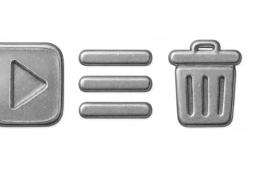 Metallic 3d user interface icons showing play, menu, and trash bin options for web or app design, transparent background