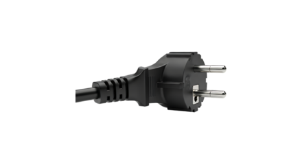 Black european power plug connector for electric devices isolated on transparent background