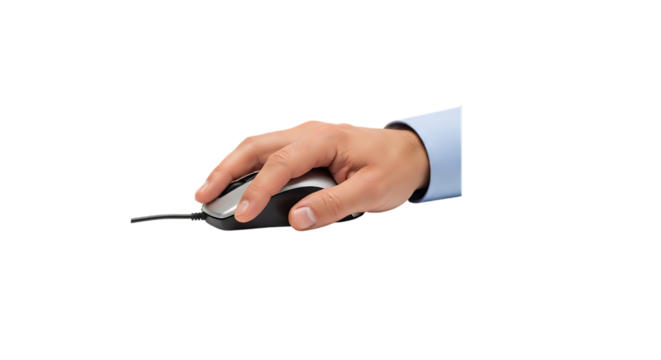 Hand holding a computer mouse for clicking and scrolling isolated on transparent background