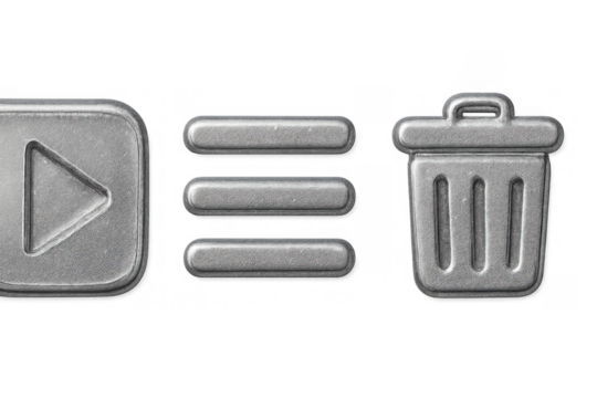 Metallic 3d user interface icons showing play, menu, and trash bin options for web or app design, transparent background