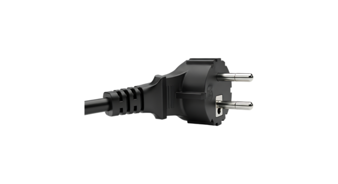 Black european power plug connector for electric devices isolated on transparent background
