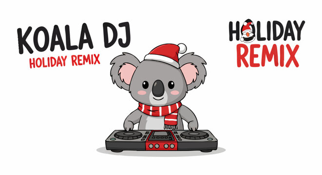 Cartoon koala wearing a Santa hat and scarf plays music on a DJ mixer, promoting a holiday remix.