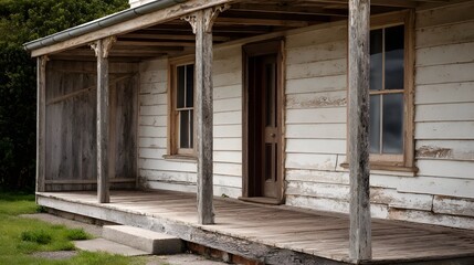 An aged weathered wooden house with a rustic porch and peeling paint