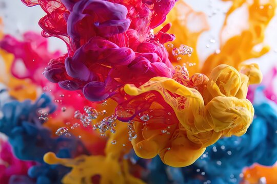 Vibrant Multi Colored Ink Explosion in Water with Bubbles on White Background, Abstract Display of Red Orange and Blue Pigments