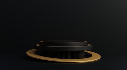 Black podium, black background with neon lights for promoting popular products. 3D illustration.
