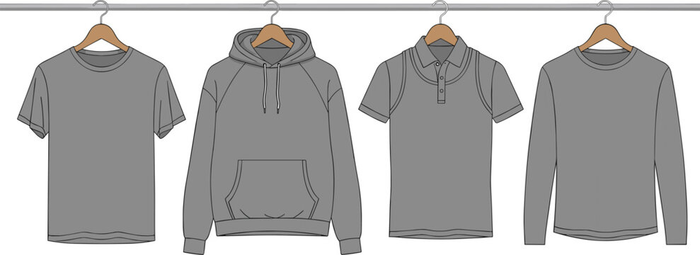 Gray tops, casual clothing, t-shirt, hoodie, polo shirt, long sleeve, hanging garments, fashion rack, wardrobe, apparel, flat vector illustration