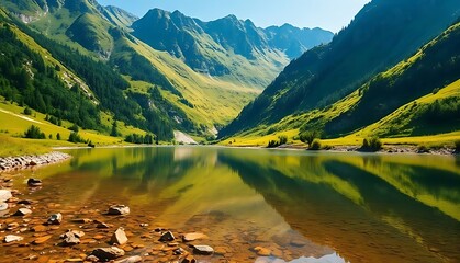Green forest reflected in calm mountain lake.