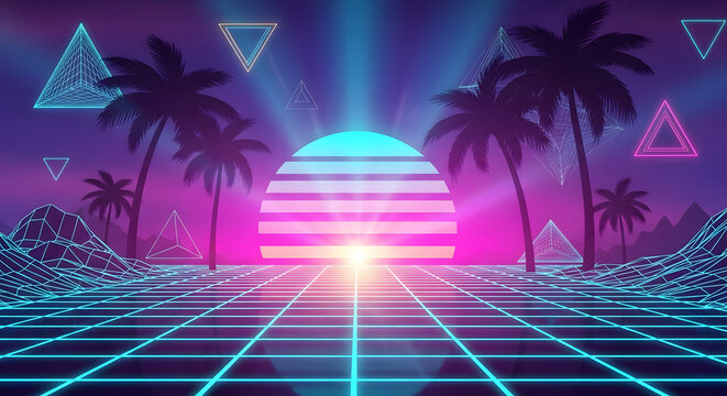 Retro 80s neon grid sunset with palm trees, abstract landscape - Powered by Adobe