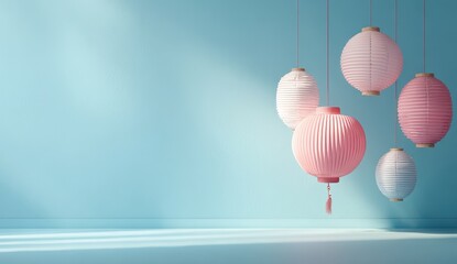 Vibrant photo of pink and white paper lanterns hanging against a light blue wall