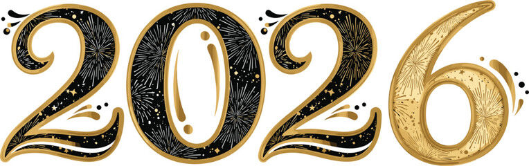 2026 celebration, New Year design, festive numbers, gold sparkle, black background, fireworks, stars, decorative digits, flat vector illustration