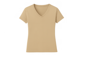 Beige v-neck t-shirt template for women, casual blank apparel for custom design mockup, short sleeve clothing copy space