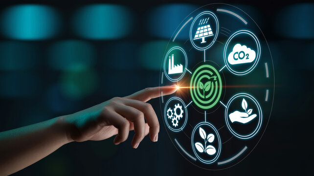 Ultra-detailed digital hand interacting with futuristic holographic interface, glowing eco-icons, solar panels, CO2 cloud, green tech, circular neon design, sustainability concept. - Powered by Adobe