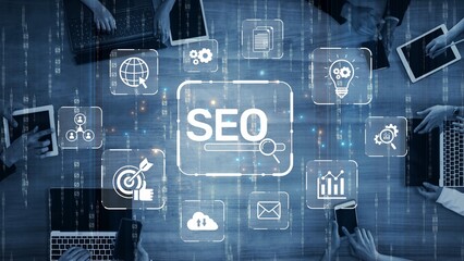 SEO concept for improving SEO visibility, with SEO related digital tools and SEO performance icons...