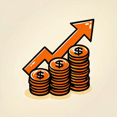 Investment in stock market shows growth with rising coins and upward arrow symbolizing financial success and prosperity