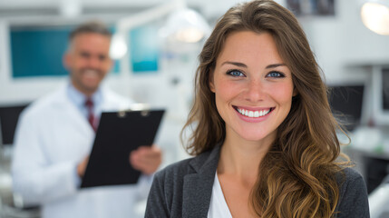 Obraz premium A smiling woman at a dental clinic, showcasing confidence and warmth, with a dentist in the background.