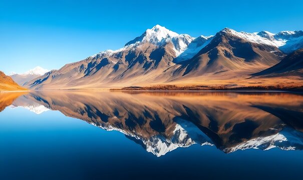 Snowy peaks mirrored in a still river.