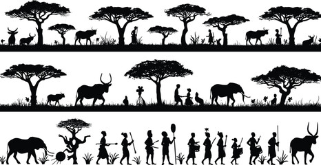 Naklejka premium African savanna landscape silhouettes with acacia trees elephants antelopes and people