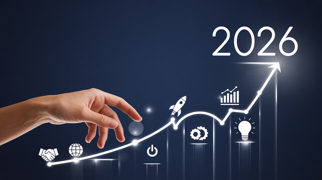 Digital illustration of business growth, futuristic dark blue bokeh background, glowing ascending line graph with icons, hand interaction, modern corporate visualization, high-resolution.