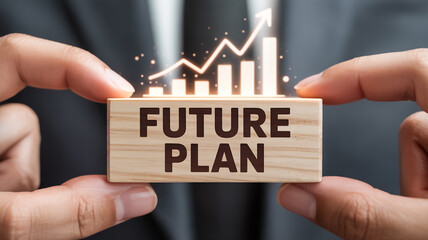 Wooden block reading 'FUTURE PLAN' held between fingers, projecting ethereal holographic upward financial graphs and bars, subtle reflections, dark gray background, sharp business-focused imagery.