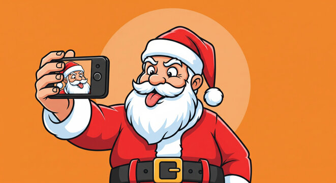 Jolly Santa Claus captures a fun, modern moment with a smartphone selfie, sticking out his tongue playfully for festive holiday cheer and digital Christmas greetings