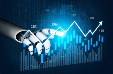 A robotic hand emerges to interact with digital financial data, emphasizing the intersection of...