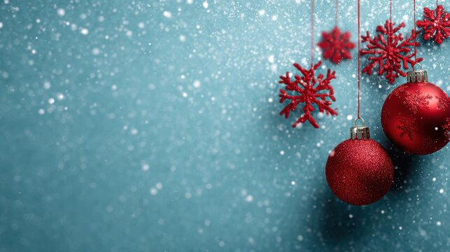 christmas background with red baubles and snowflakes on blue backdrop festive holiday decoration concept - Powered by Adobe