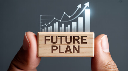 Wooden block reading 'FUTURE PLAN' held between fingers, projecting ethereal holographic upward financial graphs and bars, subtle reflections, sharp business-focused imagery, progress theme.