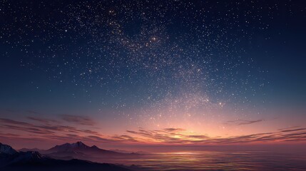 Fototapeta premium Night Sky Scene over Mountains and Water Reflecting City Lights at Dawn