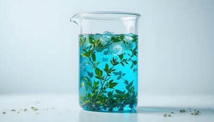 Modern laboratory beaker filled with refreshing blue liquid, ice cubes, and vibrant green botanical elements for use in science or natural health themes