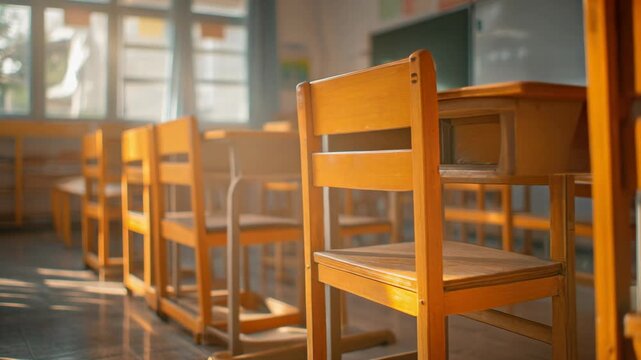 Bright and Inviting Classroom Interior with Wooden Desks and Chairs for Educational Themes