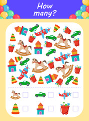 Cound how many children's toys preschool kid or toddler educational activity vibrant design