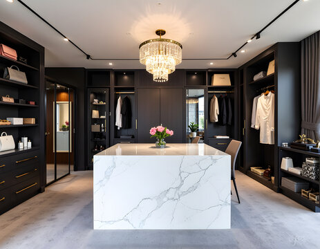 Luxury black walk-in closet interior with marble island and chandelier