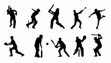 Dynamic cricket players in action silhouettes, perfect for sports branding, tournament promotion, or cricket-themed designs with a professional edge and vector art feel