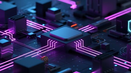 Close up view of a futuristic computer processor chip with glowing neon purple circuit board pathways and intricate electronic components
