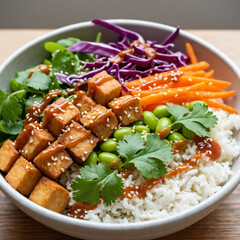 Savory rice bowl topped with tofu, fresh vegetables, and sesame dressing