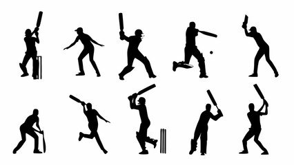 Dynamic silhouettes capture the energy of cricket players in action, perfect for sports branding, team logos, and athletic designs in a modern style