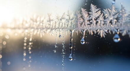 Close-up view of ice crystals and water droplets on a window, winter scene.