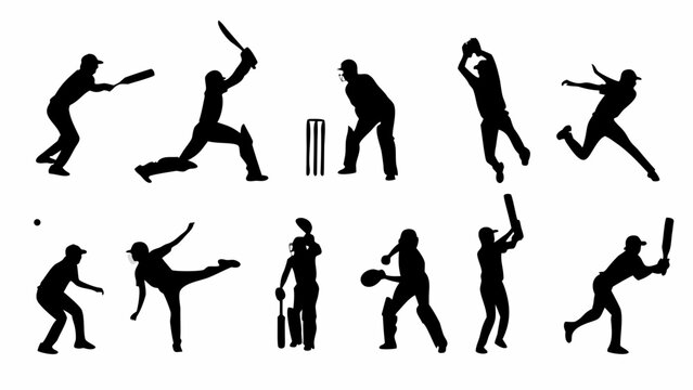 Dynamic cricket players silhouettes showcase action poses of batting, bowling, catching, and fielding skills, great for sports designs and team branding needs