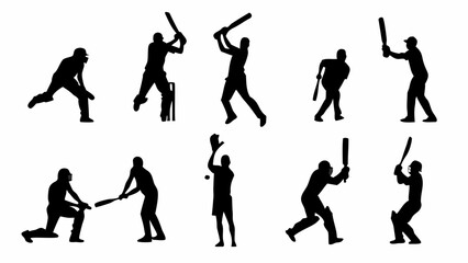 Dynamic cricket players in action, captured as scalable vector silhouettes showcasing batting, fielding, bowling, and wicket keeping for sports design projects