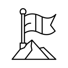 Line art icon of a flag planted on a mountain peak symbolizing achievement, success, and reaching a goal, isolated on