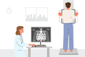 Radiologist performing X-ray examination on a patient in a medical clinic.