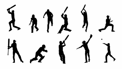 Dynamic cricket players in action silhouettes, perfect for sports branding and team spirit visuals, bold and energetic, great for posters and web designs