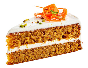 Slice of carrot cake isolated on white background, transparent PNG
